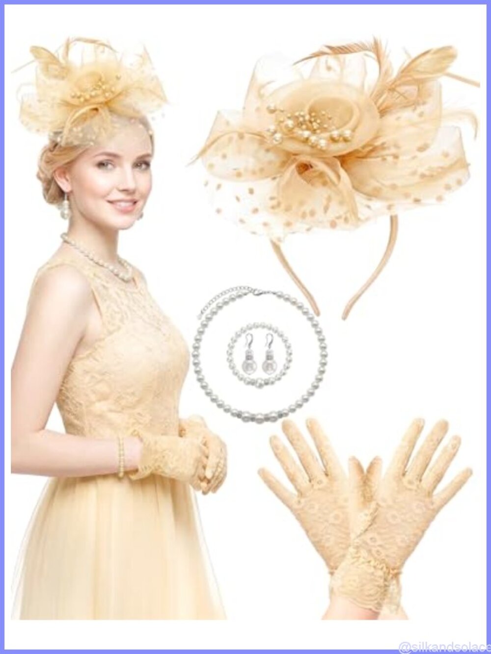 Fascinators Hat Set with Lace Gloves Pearl Necklace Bracelet Earrings
